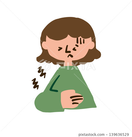 Illustration of an elderly woman suffering from abdominal pain. Illustration of an elderly woman suffering from abdominal pain. 139636529
