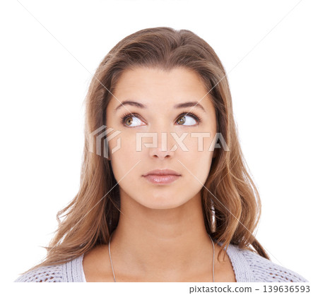 Thinking, ideas and woman with why, confused and model isolated on white studio background. Person, problem solving or girl with wonder, decision or solution with doubt, choice or planning with emoji 139636593