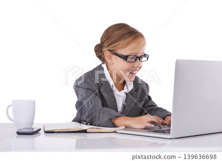 Business person, child and typing on laptop in studio, email and report or proposal on white background. Female person, pretend professional and playing fantasy game on tech, web and online research Business person, child and typing on laptop in studio, email and report or proposal on white background. Female person, pretend professional and playing fantasy game on tech, web and online research 139636698