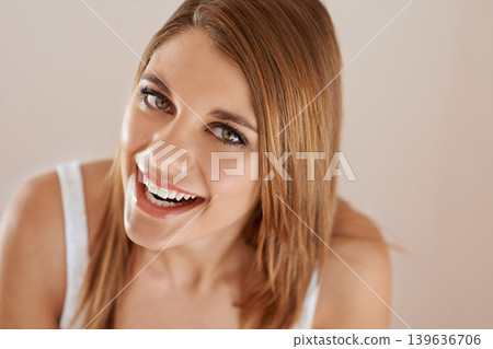 Beauty, smile and portrait of young woman with natural, glow and glamour facial routine. Confidence, cosmetics and happy attractive female person with self care, dermatology and face treatment. 139636706