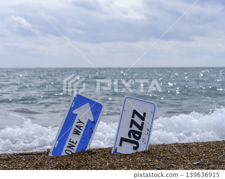 one way and jazz sign on the beach one way and jazz sign on the beach 139636915