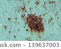 Large Rust Spot on Turquoise Metal Surface: Corroded Paint Texture with Brown Oxidation. Vintage Grunge Background 139637003