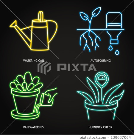 Watering and moistening plants neon icon set Watering and moistening plants neon icon set 139637064