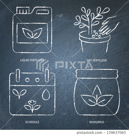 Fertilization and plant care chalkboard icon set Fertilization and plant care chalkboard icon set 139637065