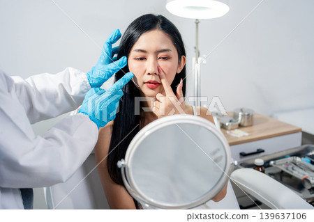 Asian woman consulting with a doctor at a modern aesthetic clinic for facial treatment. Asian woman consulting with a doctor at a modern aesthetic clinic for facial treatment. 139637106
