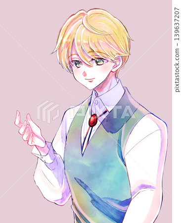 一個外表高貴的男孩揮著手，面帶微笑，有著金色的頭髮。 139637207