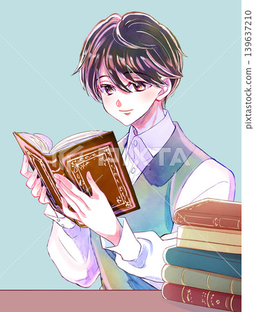 Boy reading, smiling, black hair, desk Boy reading, smiling, black hair, desk 139637210