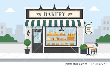 Vintage bakery storefront with fresh bread in window display, flat vector illustration 139637248