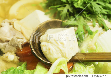 A warm Japanese hot pot dish containing tofu and vegetables. 139637442