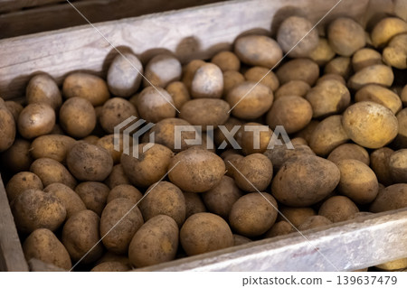 Fresh raw potatoes sit inside a rustic wooden crate, highlighting organic agriculture, farm harvest, healthy vegetable supplies, sustainable food, and agricultural market sourcing Fresh raw potatoes sit inside a rustic wooden crate, highlighting organic agriculture, farm harvest, healthy vegetable supplies, sustainable food, and agricultural market sourcing 139637479