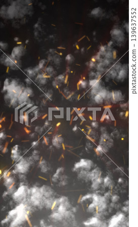 Dark smoky background with floating gray clouds and glowing orange sparks, creating a cinematic fire ember atmosphere Dark smoky background with floating gray clouds and glowing orange sparks, creating a cinematic fire ember atmosphere 139637552