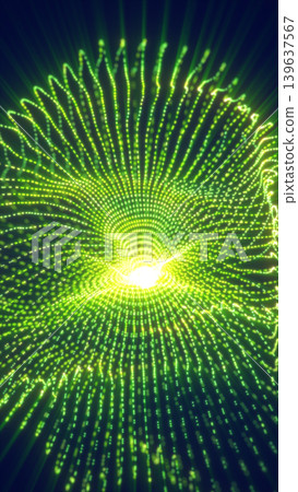 Futuristic green digital vortex made of glowing dots and lines, forming a tunnel-like spiral with depth and motion 139637567
