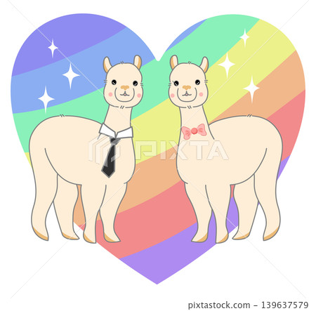 Two Cute Alpacas in Love with Rainbow Heart Two Cute Alpacas in Love with Rainbow Heart 139637579
