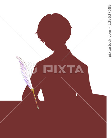 一位面容高貴的男孩手持羽毛筆的剪影 一位面容高貴的男孩手持羽毛筆的剪影 139637589