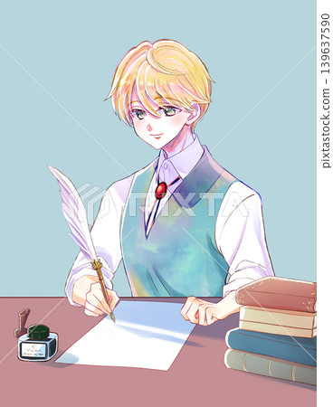 一個金髮碧眼、相貌英俊的男孩,手裡拿著羽毛筆;一張桌子;一張紙。 一個金髮碧眼、相貌英俊的男孩,手裡拿著羽毛筆;一張桌子;一張紙。 139637590