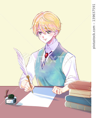 一個金髮碧眼、相貌英俊的男孩,手裡拿著羽毛筆;一張桌子;一張紙。 一個金髮碧眼、相貌英俊的男孩,手裡拿著羽毛筆;一張桌子;一張紙。 139637591
