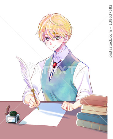 A blond boy with a noble appearance holding a quill pen; a desk; paper. A blond boy with a noble appearance holding a quill pen; a desk; paper. 139637592