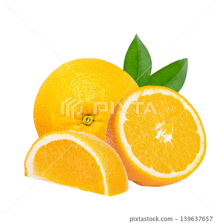 Fresh whole and half sliced oranges, on white background. Fresh whole and half sliced oranges, on white background. 139637657