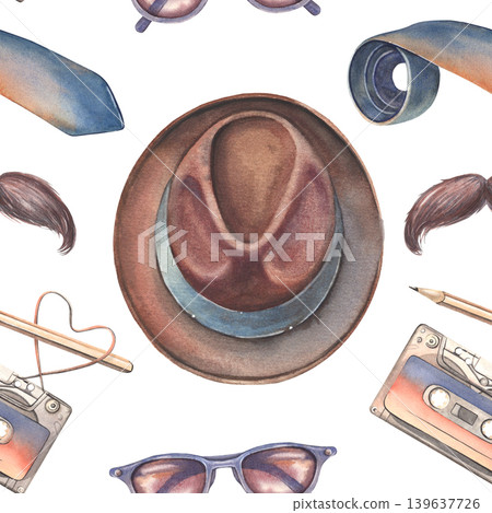 Hat, mustache, tie, sunglasses, cassette, seamless pattern. Hand-painted watercolor illustration isolated on white for gentlemen, barbershop, fatter day design, printing, textile, packaging, decor Hat, mustache, tie, sunglasses, cassette, seamless pattern. Hand-painted watercolor illustration isolated on white for gentlemen, barbershop, fatter day design, printing, textile, packaging, decor 139637726