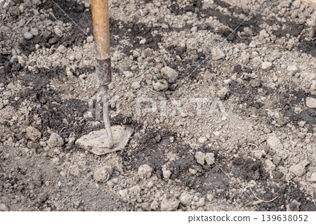 A metal hand hoe tool is inserted into textured garden soil to illustrate essential agricultural preparation, springtime cultivation, farm maintenance, earth tillage, and horticultural work A metal hand hoe tool is inserted into textured garden soil to illustrate essential agricultural preparation, springtime cultivation, farm maintenance, earth tillage, and horticultural work 139638052