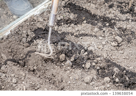A metal hand hoe creates neat furrows in dark moist soil for spring planting, demonstrating manual labor, garden bed preparation, and agricultural tasks for sustainable organic growth A metal hand hoe creates neat furrows in dark moist soil for spring planting, demonstrating manual labor, garden bed preparation, and agricultural tasks for sustainable organic growth 139638054