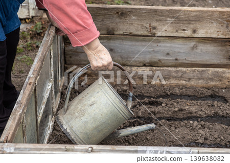 A senior gardener waters dark soil in a wooden raised bed using a vintage metal watering can, highlighting sustainable organic farming, seasonal spring cultivation, and a peaceful lifestyle A senior gardener waters dark soil in a wooden raised bed using a vintage metal watering can, highlighting sustainable organic farming, seasonal spring cultivation, and a peaceful lifestyle 139638082