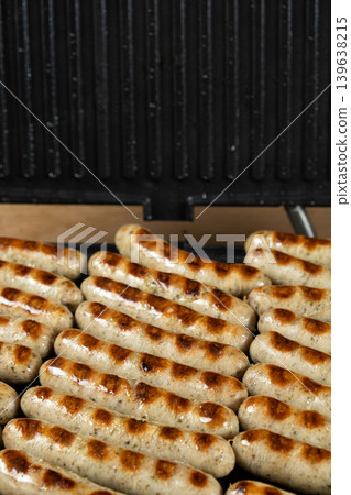 Close-up of Hot Grilled Sausages with Brown Grill Marks Close-up of Hot Grilled Sausages with Brown Grill Marks 139638215