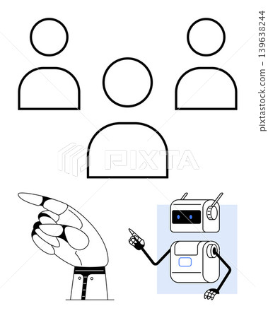 Artificial intelligence, human-machine interaction, automation, technology concepts, innovation, human identity. Robot hand pointing, icons of people robot figure. AI interaction and human-machine Artificial intelligence, human-machine interaction, automation, technology concepts, innovation, human identity. Robot hand pointing, icons of people robot figure. AI interaction and human-machine 139638244