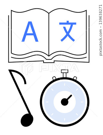 Education, time management, language translation, learning tools, multilingual skills, creative thinking. Open book with language symbols, stopwatch and music note. Education and time management 139638271