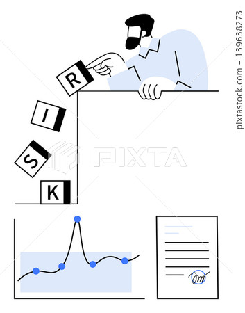 Risk management, finance analysis, decision making, business strategy, problem solving, planning. A man pushes a block labeled R off a ledge with other falling blocks, a financial graph Risk management, finance analysis, decision making, business strategy, problem solving, planning. A man pushes a block labeled R off a ledge with other falling blocks, a financial graph 139638273