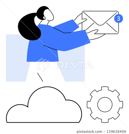 Email management, cloud storage, digital communication, technology integration, workflow optimization, online services. Woman holding an envelope with notification. Email management and cloud storage Email management, cloud storage, digital communication, technology integration, workflow optimization, online services. Woman holding an envelope with notification. Email management and cloud storage 139638409