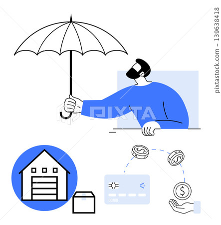 Financial security, business insurance, e-commerce, payment safety, risk management, consumer protection. Man holding an umbrella, house icon credit card. Financial security and business insurance Financial security, business insurance, e-commerce, payment safety, risk management, consumer protection. Man holding an umbrella, house icon credit card. Financial security and business insurance 139638418
