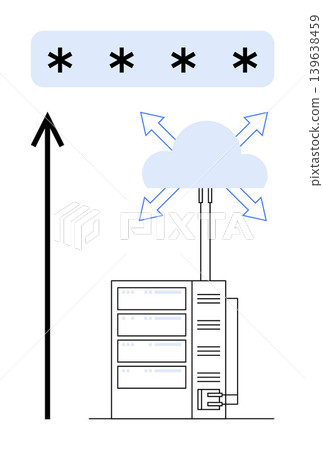 Cybersecurity, cloud storage, data encryption, server protection, secure networks, online privacy. Graphic with servers, password and cloud with arrows. Cybersecurity and cloud storage concept Cybersecurity, cloud storage, data encryption, server protection, secure networks, online privacy. Graphic with servers, password and cloud with arrows. Cybersecurity and cloud storage concept 139638459