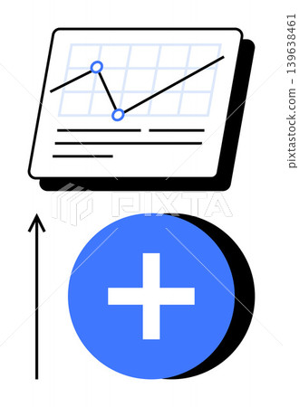 Business growth, data analytics, performance metrics, financial progress, positive expansion, economic trends. A graph with rising arrow and blue plus icon. Business growth and data analytics concept Business growth, data analytics, performance metrics, financial progress, positive expansion, economic trends. A graph with rising arrow and blue plus icon. Business growth and data analytics concept 139638461