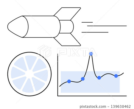 Science, technology, data visualization, innovation, progress, research. A speeding rocket, line graph with data points and circular diagram. Science and data visualization concept Science, technology, data visualization, innovation, progress, research. A speeding rocket, line graph with data points and circular diagram. Science and data visualization concept 139638462