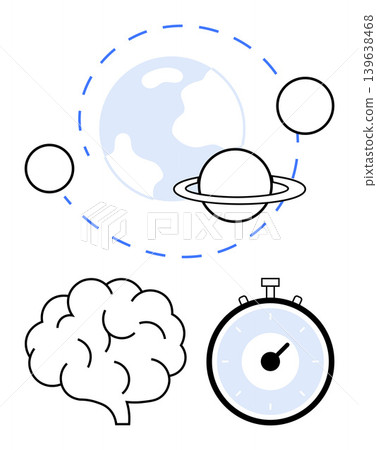 Space science, cognition, innovation, time management, exploration, problem-solving. ion of a planet with rings, a brain and a stopwatch. Space science and cognition-themed design 139638468