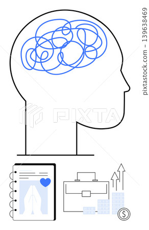 Mental health, career planning, business strategies, problem-solving, productivity, personal development. Head outline with a scribbled brain, notebook briefcase and growth chart. Mental health Mental health, career planning, business strategies, problem-solving, productivity, personal development. Head outline with a scribbled brain, notebook briefcase and growth chart. Mental health 139638469