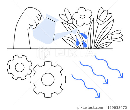 Growth, sustainability, innovation, workflow, system development, gardening. A hand watering flowers, gears and arrows. Growth and sustainability highlighted through watering flowers and workflow Growth, sustainability, innovation, workflow, system development, gardening. A hand watering flowers, gears and arrows. Growth and sustainability highlighted through watering flowers and workflow 139638470