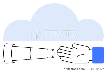 Cloud storage, data sharing, connectivity, exploration, forecasting, innovation. A hand gesturing next to a telescope with a cloud backdrop. Cloud storage and data sharing concepts illustrated 139638474