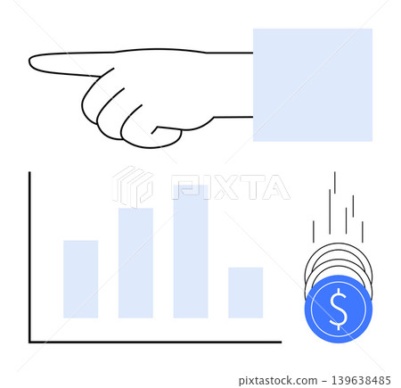 Financial planning, investment analysis, economic growth strategies, cost management, wealth management, savings. Hand pointing to bar graph with falling coins. Investment analysis and financial Financial planning, investment analysis, economic growth strategies, cost management, wealth management, savings. Hand pointing to bar graph with falling coins. Investment analysis and financial 139638485