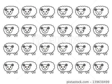 A set of black and white sheep icons with various expressions. A set of black and white sheep icons with various expressions. 139638499