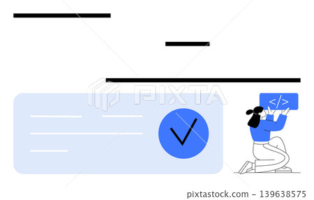 Web development, coding, verification, programming, identity confirmation, software design. Woman analyzing code on a monitor with large checkmark symbol. Web development and coding concept Web development, coding, verification, programming, identity confirmation, software design. Woman analyzing code on a monitor with large checkmark symbol. Web development and coding concept 139638575