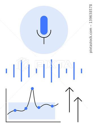 Voice recognition, AI analytics, sound data, tech innovation, performance metrics, growth tracking. Microphone with sound waves, graph and growth arrows. AI analytics and sound data ion 139638578