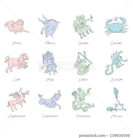 The twelve constellations of the zodiac are based on classical Greek mythology. 139638598