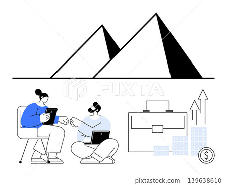 Teamwork, business growth, financial planning, economic progress, data analysis, and strategic management. Two people working on devices, financial icons and pyramids. Business growth and financial Teamwork, business growth, financial planning, economic progress, data analysis, and strategic management. Two people working on devices, financial icons and pyramids. Business growth and financial 139638610