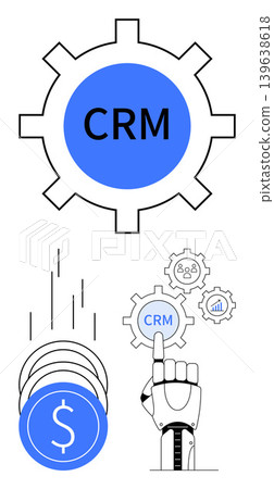 CRM systems, business automation, customer management, data solutions, sales growth, AI technology. Robot hand interacting with CRM gear, dollar symbol additional technology icons. CRM systems CRM systems, business automation, customer management, data solutions, sales growth, AI technology. Robot hand interacting with CRM gear, dollar symbol additional technology icons. CRM systems 139638618