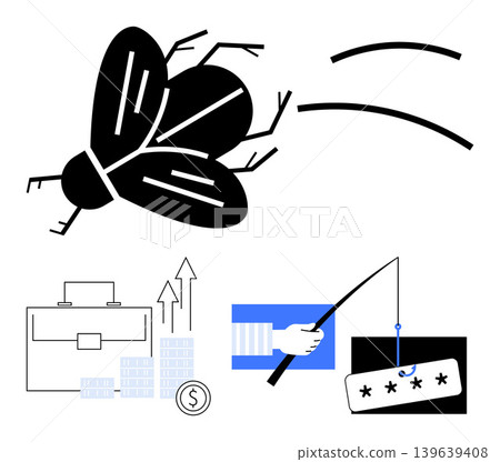 Cybercrime, cybersecurity, phishing, financial risks, fraud prevention, online security. A fly threats, business growth icons and phishing graphics. Cybercrime and cybersecurity challenges Cybercrime, cybersecurity, phishing, financial risks, fraud prevention, online security. A fly threats, business growth icons and phishing graphics. Cybercrime and cybersecurity challenges 139639408