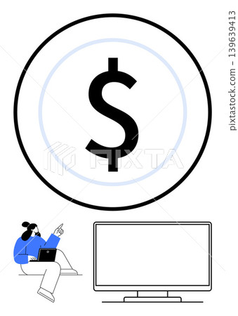 Finance, remote work, online investment, digital economy, money management, e-learning. Dollar symbol, person using a laptop computer monitor. Finance and remote work theme Finance, remote work, online investment, digital economy, money management, e-learning. Dollar symbol, person using a laptop computer monitor. Finance and remote work theme 139639413