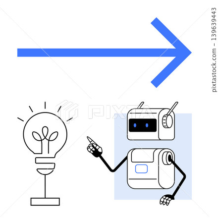 Innovation, technology, creativity, artificial intelligence, idea generation, futuristic concepts. A robot gestures towards a light bulb with a bold arrow. Innovation and technology progression Innovation, technology, creativity, artificial intelligence, idea generation, futuristic concepts. A robot gestures towards a light bulb with a bold arrow. Innovation and technology progression 139639443