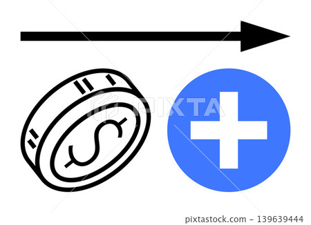 Financial planning, healthcare investment, savings management, economics, medical expenses, strategic growth. Coin with dollar symbol, plus sign and arrow. Financial planning and healthcare 139639444